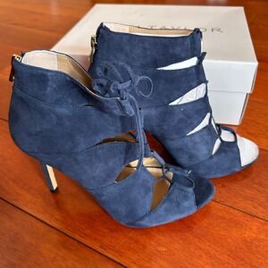 Ann Taylor Blue Suede Lace Up Peep Toe‎ Heels Size 8.5 Back Zip Shoes Glam